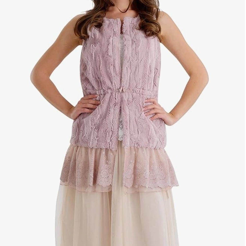 Faux Fur Vest Lace Trim Romantic‎ Boho Festival Whimsy Fairy Lagenlook Cottage